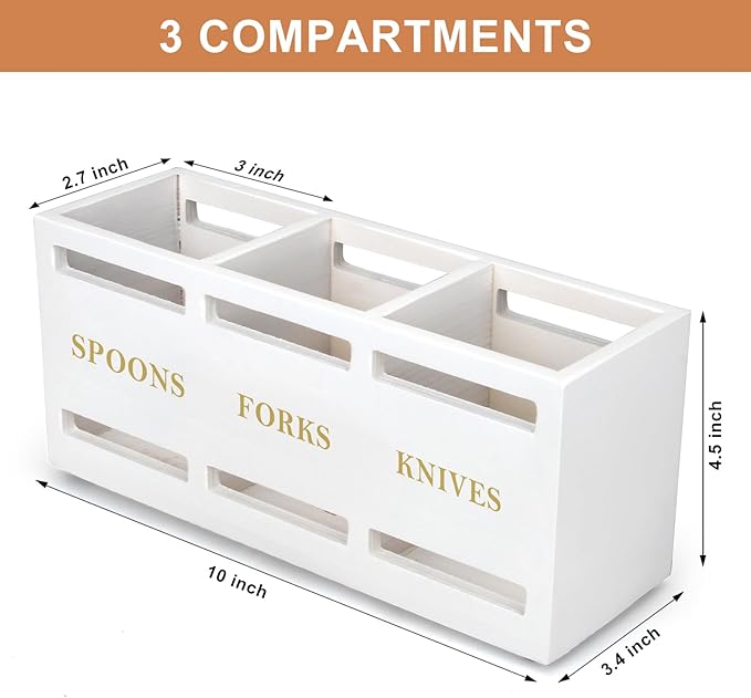 Ayiaren Wood Flatware Silverware Caddy White Cutlery Holder Kitchen Utensils Holder for Party Wooden Silverware Organizer for Countertop Knife Spoon and Fork Holder Table Utensil Caddy Organizer - Image 7