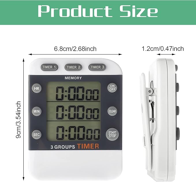 Photect 2 Pcs Digital Kitchen Timer 3 Channels Multi Timer Loud Adjustable Alarm Magnetic Count up Down Memory Preset Battery Included for Cooking Baking BBQ Study Classroom - Image 2