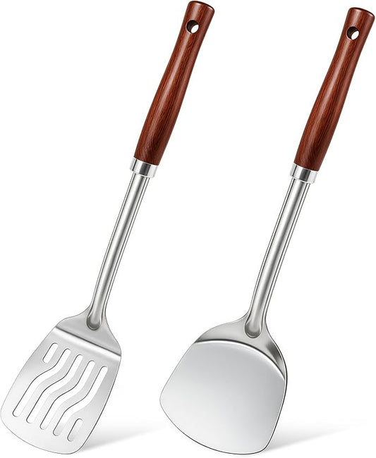 2 Pcs Stainless Steel Spatulas Set, Metal Spatula Solid & Slotted Turner, Heavy Duty Sturdy Spatula for Kitchen Use, High Heat Resistant Cooking Utensils for Fish Eggs Pancakes, Easy to Clean, Silver by Unknown