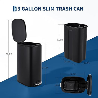 Garvee 13 Gallon Slim Kitchen Trash Can, Narrow Stainless Steel Step-On Pedal Garbage Can with Soft Close Lid, Removable Inner Bucket, Space-Saving Trash Bin for Kitchen, Bathroom, Office, Black