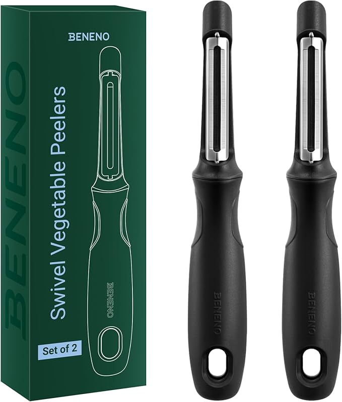 Beneno Swivel Vegetable Peeler, Razor-Sharp Smooth Peeling Potato Peelers with Stainless Steel Blades, Ergonomic Comfort Non-Slip Rubber Handle, Kitchen Peelers with Potato Eye Remover (2, Black) by Beneno