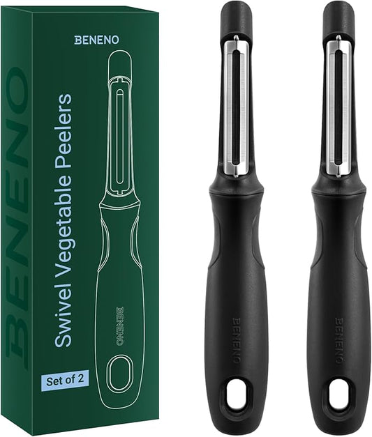 Beneno Swivel Vegetable Peeler, Razor-Sharp Smooth Peeling Potato Peelers with Stainless Steel Blades, Ergonomic Comfort Non-Slip Rubber Handle, Kitchen Peelers with Potato Eye Remover (2, Black) by Beneno