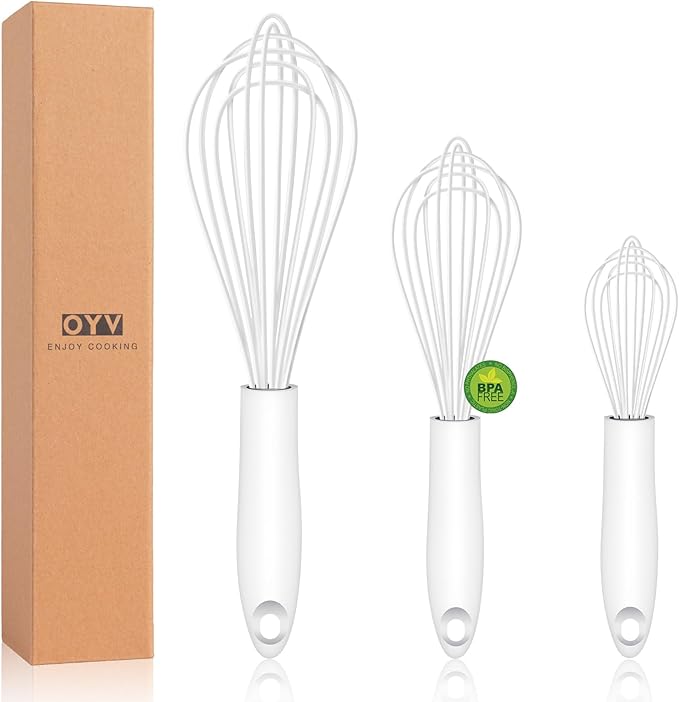 OYV White Silicone Whisk, Sealed Waterproof Design Set of 3, Professional Kitchen Whisks for Cooking Non-Scratch, Silicone&Stainless Steel Whisk, Heat Resistant 480°F Rubber wisk, BPA free by OYV