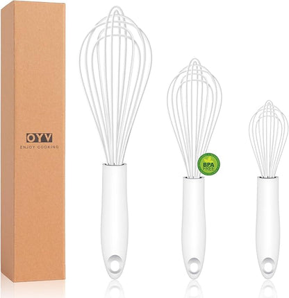 OYV White Silicone Whisk, Sealed Waterproof Design Set of 3, Professional Kitchen Whisks for Cooking Non-Scratch, Silicone&Stainless Steel Whisk, Heat Resistant 480°F Rubber wisk, BPA free by OYV