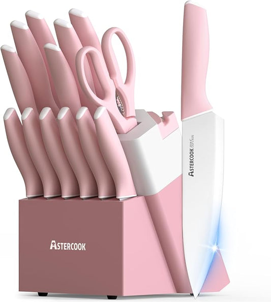 Astercook Knife Set, Kitchen Knives Set with Block and Sharpener 15 Pcs German Stainless Steel Knives Sharp Blade Dishwasher Safe Deba Knives with Ergonomic Handle, Crystal Pink Mothers Day Gifts by Astercook