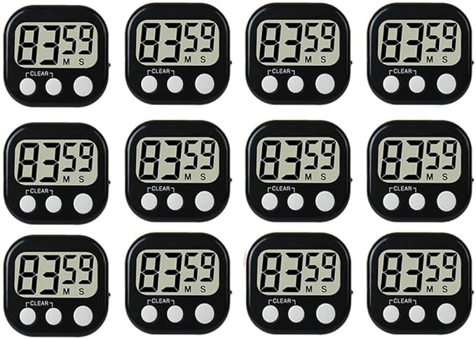 12 Pack Digital Kitchen Timer Large LCD Display Loud Alarm Strong Magnetic Stand, Minute Seconds Count Up Countdown and Simple Operation Timers for Cooking, Bathroom, Kids, Teacher, Classroom - Black by Rumcnjen