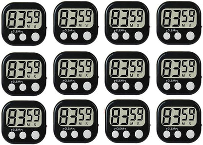 12 Pack Digital Kitchen Timer Large LCD Display Loud Alarm Strong Magnetic Stand, Minute Seconds Count Up Countdown and Simple Operation Timers for Cooking, Bathroom, Kids, Teacher, Classroom - Black by Rumcnjen