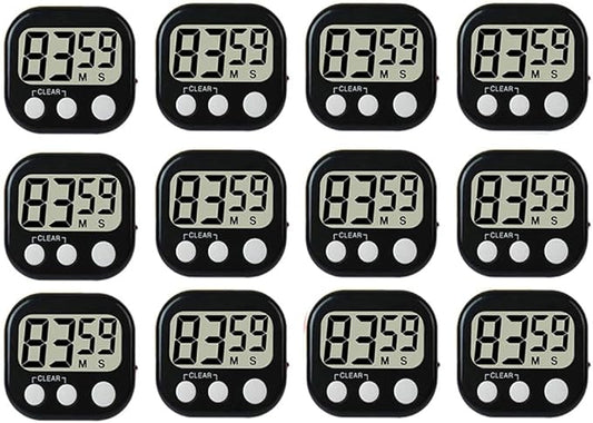12 Pack Digital Kitchen Timer Large LCD Display Loud Alarm Strong Magnetic Stand, Minute Seconds Count Up Countdown and Simple Operation Timers for Cooking, Bathroom, Kids, Teacher, Classroom - Black by Rumcnjen