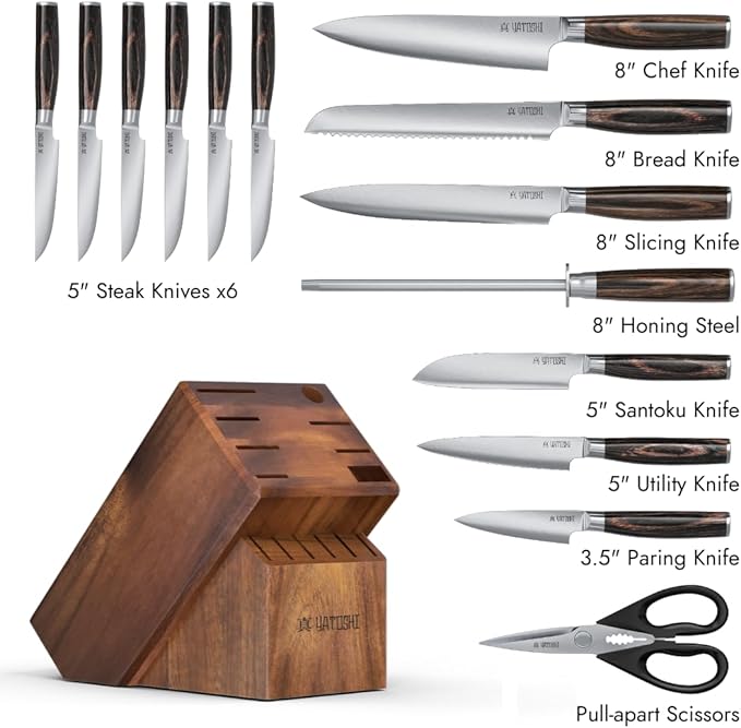 Yatoshi 15 Piece Knife Block Set - Pro Kitchen Knife Set Ultra Sharp High Carbon Stainless Steel with Ergonomic Handle, New - Image 2