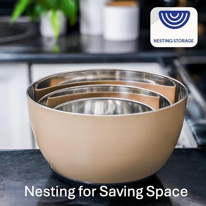 WHYSKO Stainless Steel Mixing Bowls Set of 3 with Non-Slip Silicone Base, Nesting Metal Bowls for Meal Prep, Baking, Cooking & Food Storage, Dishwasher Safe Kitchen Mixing Bowls, Tan - Image 4
