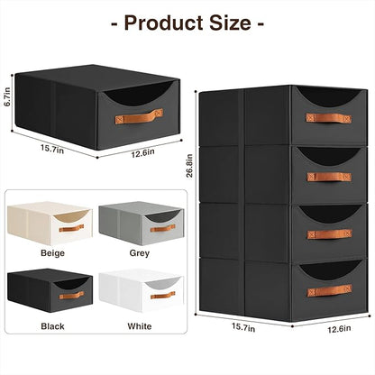 Homsorout Closet Organizers and Storage - Large Stackable Storage Bins with Drawer, Fabric Bins for Organization, Collapsible Storage Drawers Organizer for Bedroom, Living Room, 4 Pack, Black