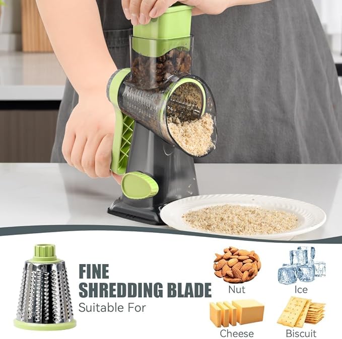 KEOUKE Rotary Cheese Grater Hand Crank Transparent - Shredder Slicer Grinder 3 Stainless Steel Blades, Stable Suction, Labor-Saving Handle, Safe Kitchen Tool for Cheese, Vegetable, Nuts, Chocolate - Image 3