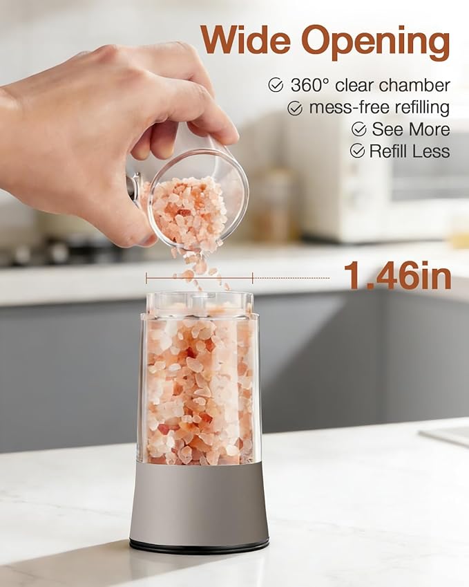 Electric Salt and Pepper Grinder Set with USB-C Charging Base,Rechargeable Automatic Stainless Steel Pepper Mill Grinder with LED Light, 2pack(Brown)