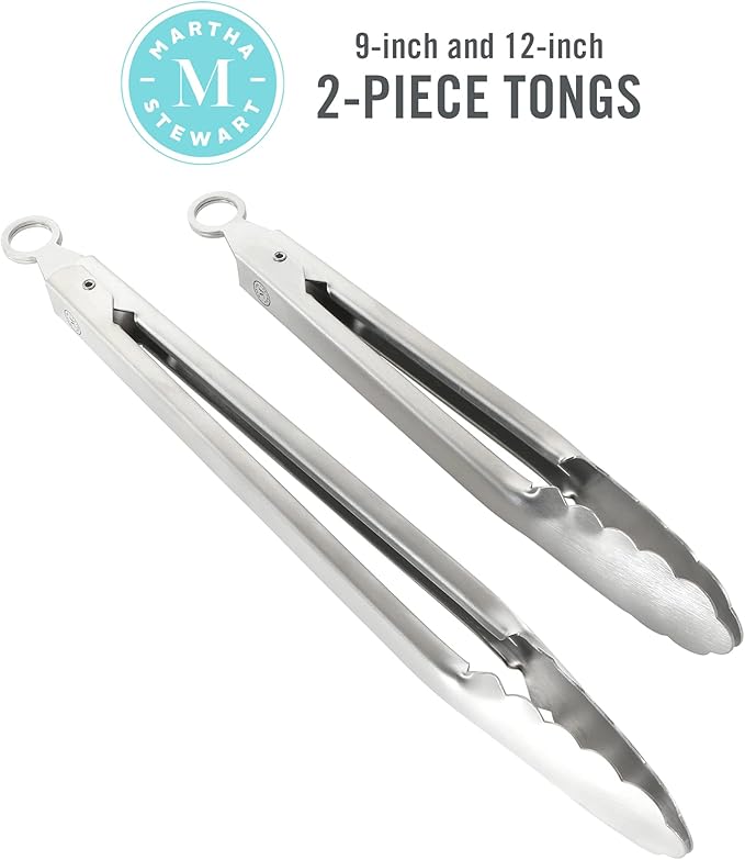 Martha Stewart Richburn 2-Piece Stainless Steel Tongs Set – 12-Inch and 9-Inch Kitchen Tongs for Grilling, Serving, and Cooking - Image 2