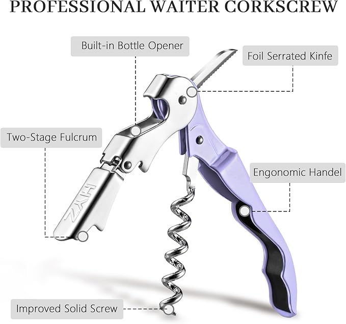 HYZ 2-Pack Wine Opener Waiter Corkscrew, Professional Wine Key for Servers, Bartender with Foil Cutter, Manual Wine Bottle Opener Double Hinged (Lavender) - Image 2