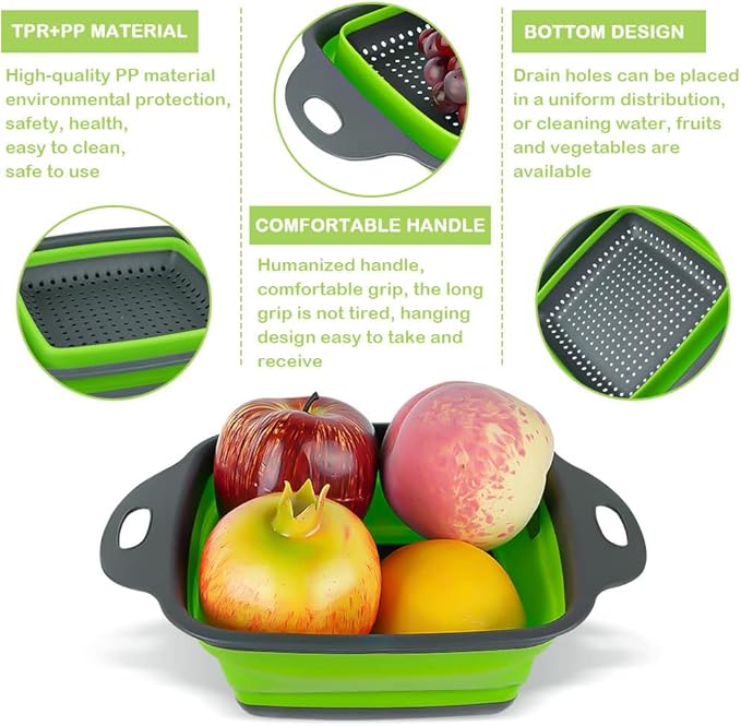 AUAUY 2 PCS Collapsible Colander Set, Square Silicone Folding Colander with Plastic Handles, Eco-Friendly Large Hole Kitchen Strainer for Draining Pasta Vegetables Fruits-1 Large and 1 Small - Image 4