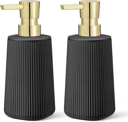 Black and Gold 2 Pack Hand Soap Dispensers Set with No Rust Pump for Bathroom and Kitchen Countertops Refillable Matte Striped Plastic 8.5 oz