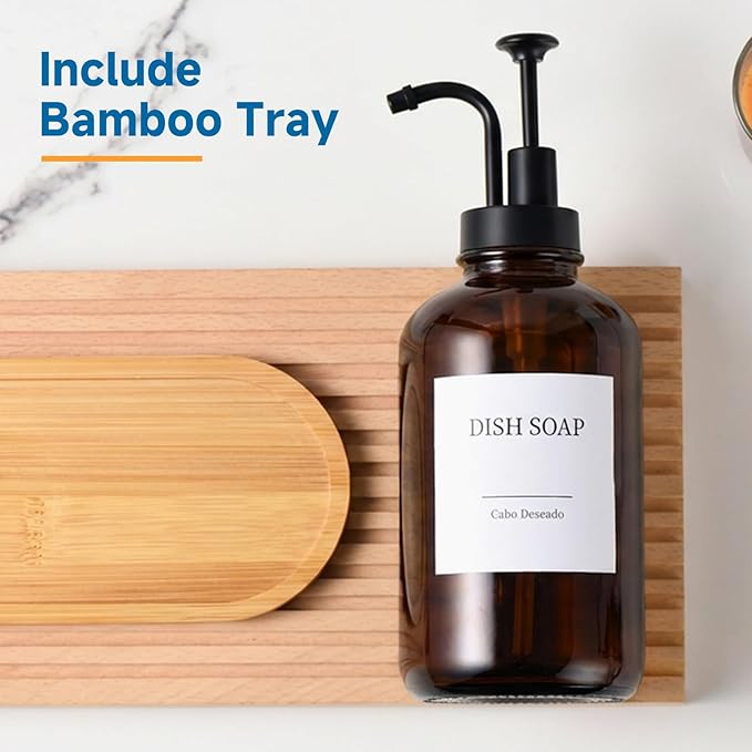 Glass Soap Dispenser with Pump, Dish and Hand Soap Dispenser for Kitchen Bathroom Set, Clear Glass Dispenser Set of 2 Pack with 18 Stickers Funnel Bamboo Tray 500ml 18oz Amber - Image 6