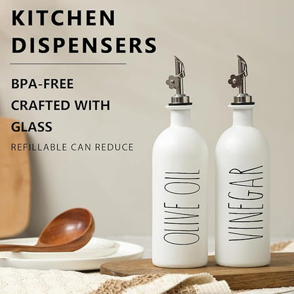 HOMCDALY 16oz Olive Oil Dispenser Bottles for Kitchen, White Oil and Vinegar Dispenser Set, Two Olive Oil Bottles with Bamboo Tray | Set of 2 (16oz-P-White) - Image 2