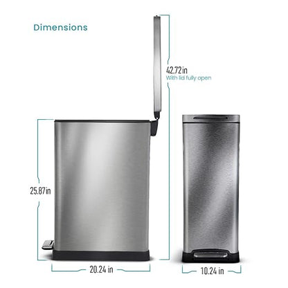 Home Zone Living 12 Gallon Slim Kitchen Trash Can with Soft Close Lid, Step Pedal, Bag Tuck Band, and Removable Liner, Stainless Steel, Silver - Image 6
