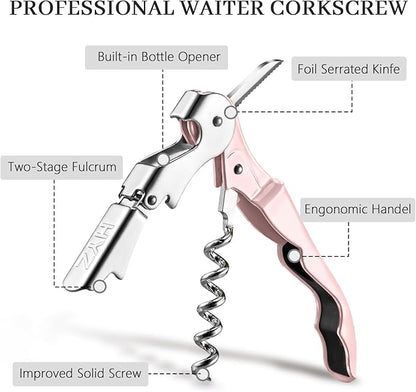HYZ 2-Pack Wine Opener Waiter Corkscrew, Professional Wine Key for Servers, Bartender with Foil Cutter, Manual Wine Bottle Opener Double Hinged (Pink) - Image 2