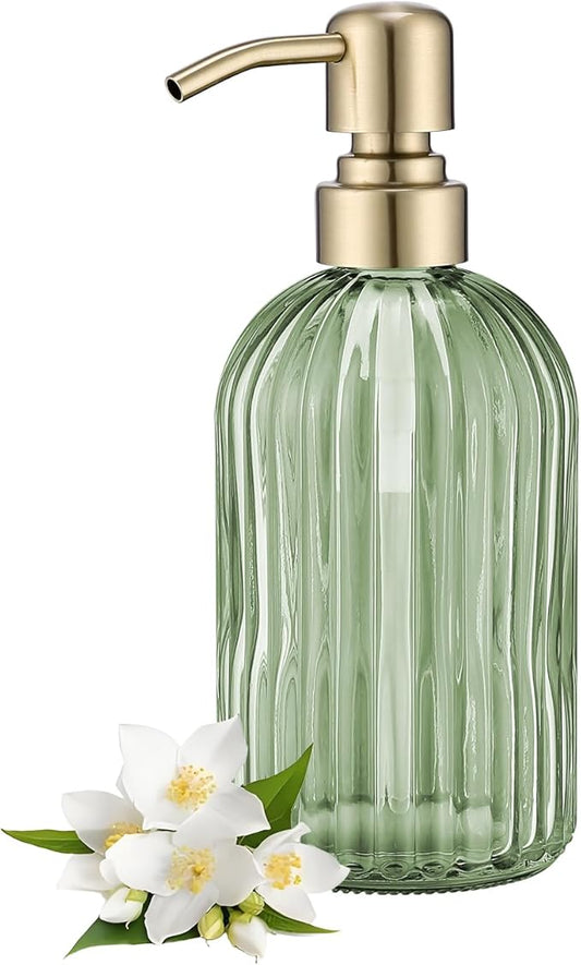 16Oz Green Glass Soap Dispenser with Rust Proof Stainless Steel Pump, Green Stripe Bathroom Hand Dish Lotion Dispensers with Brushed Gold Pump,Brushed Gold Glass Soap Dispenser