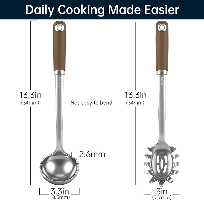 Safring Stainless Steel Soup Ladle and Spaghetti Spoon Set, Heat Resistant Rubber Handle, Dishwasher Safe, Kitchen Utensils for Cooking, Stirring, Serving Pasta, Soup & Sauce (Coffee) - Image 2