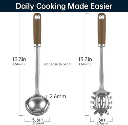 Safring Stainless Steel Soup Ladle and Spaghetti Spoon Set, Heat Resistant Rubber Handle, Dishwasher Safe, Kitchen Utensils for Cooking, Stirring, Serving Pasta, Soup & Sauce (Coffee) - Image 2