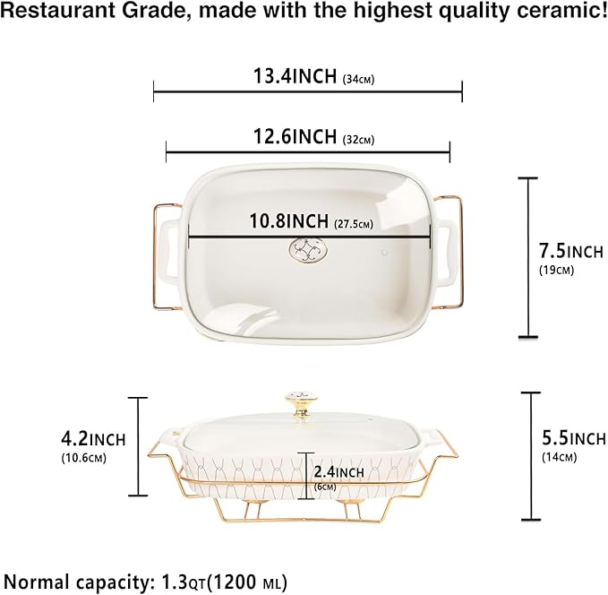 10" x 7" Ceramic Casserole Dish with Glass Lid and Rack, 40 ounce Serving Soup Tureen,Chafing Dish for Buffet, Family Food preserve Tray, Catering Casserole for Party Style, White