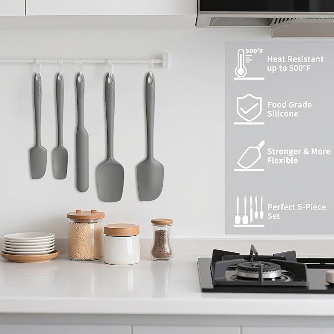 Coukre Silicone Spatula Set of 5,High Temperature Resistant, Food Grade Silicone, Dishwasher Safe, for Baking, Cooking (Pure Gray) - Image 4