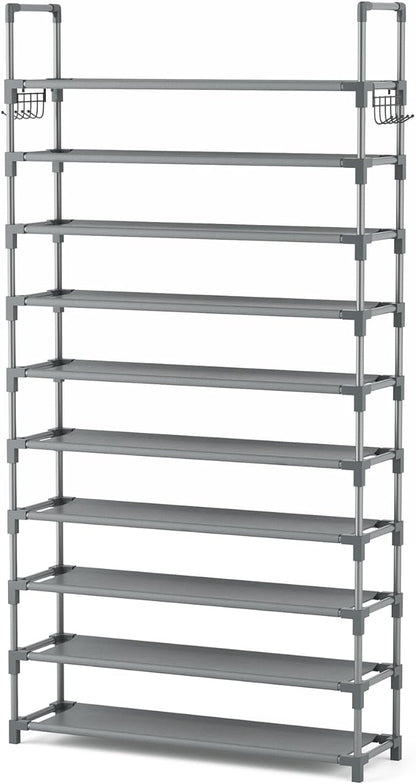VTRIN 10 Tiers Shoe Rack Tall Large Capacity Wide Shoe Organizer Sturdy Shoe Shelf for Entryway with Two Hooks Metal Shoe Storage for Closet, Bedroom, Grey - Image 8