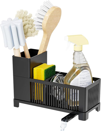 Sink Caddy & Kitchen Sink Organizer,Black Sponge Holder with High Scrub Brush Holder,Plastic Kitchen Countertop Organizer,Multifunctional Sponge Drain Rack,Dish Soap,Dish Sponge Holder,Soap Dispenser by SuoxingStorage