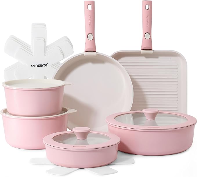 SENSARTE 17 Piece Ceramic Pots and Pans Set, Nonstick Detachable Handle Cookware, Induction Kitchen Cookware Set with Removable Handle, Dishwasher ＆ Oven Safe (Pink) by SENSARTE
