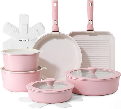 SENSARTE 17 Piece Ceramic Pots and Pans Set, Nonstick Detachable Handle Cookware, Induction Kitchen Cookware Set with Removable Handle, Dishwasher ＆ Oven Safe (Pink) by SENSARTE