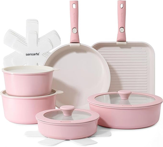 SENSARTE 17 Piece Ceramic Pots and Pans Set, Nonstick Detachable Handle Cookware, Induction Kitchen Cookware Set with Removable Handle, Dishwasher ＆ Oven Safe (Pink) by SENSARTE