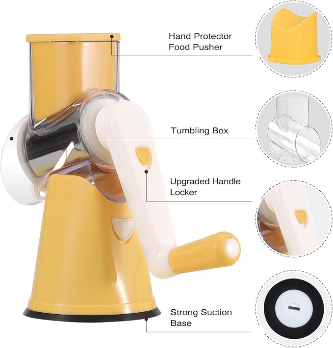 Cambom Rotary Cheese Grater Hand Crank Cheese Shredder for Fresh Cheese, Vegetable, Nuts,Non-slip Suction Base, Free Cleaning Brush Three Blades,Yellow - Image 5