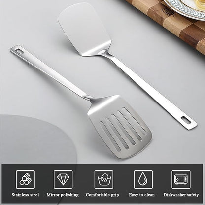 Kyraton Stainless Steel Spatulas Set, Silver Slotted Turner, Solid Turner, Kitchen Spatulas for Nonstick Cookware, Dishwasher Safe, Easy to Clean - Image 3