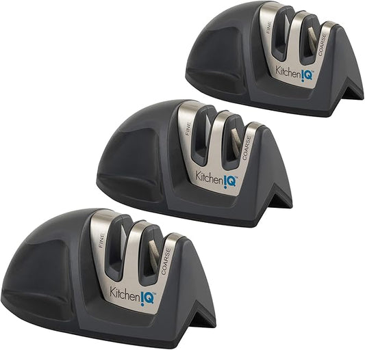 KitchenIQ 51423 | Deluxe Diamond Edge Grip 2-Stage Knife Sharpener | 3 Pack | Black | Coarse & Fine Sharpeners | Compact | Non-Slip Base | Soft Grip Rubber Handle | Straight & Serrated Knives by SmithsConsumerProductsInc