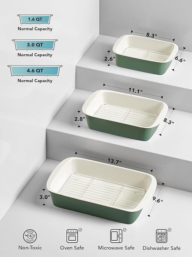 LE TAUCI Deep Casserole Dishes for Oven, 13.7”x9.6” Ceramic Baking Dish Set with Roasting Racks, Large Lasagna Pans with Handles, Rectangular Bakeware as Gift for Mom, Forest Green (4.6QT/3.0QT/1.6QT), Set of 3 - Image 3