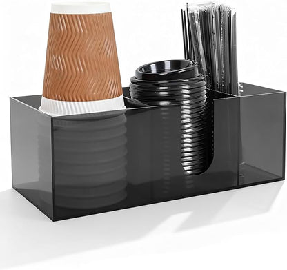 Acrylic Coffee Cup Holder for Countertop Breakroom, 3 Slots Acrylic Coffee Bar Accessories and Organizer+4 Anti Slip Silicone Pads, Clear Coffee Station Organizer for Cup Lid Straw, Grey