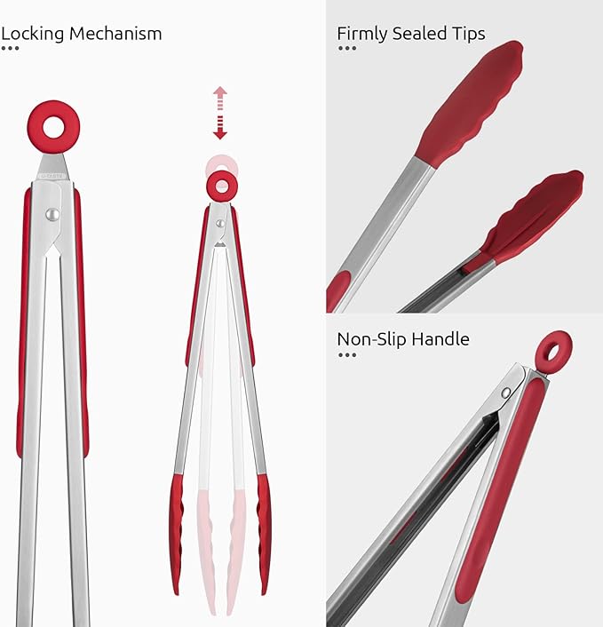 600ºF Heat Resistant Kitchen Tongs: U-Taste 12 inch Large Silicone Cooking Tong with Sturdy Non Stick Rubber Tips & Silicon Coated 18/8 Stainless Steel Handle & Smooth Locking for Serving Grill (Red) - Image 6