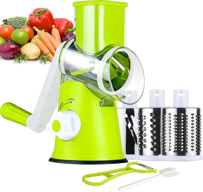 Ourokhome Rotary Cheese Grater Hand Crank, Kitchen Shredder Speed Mandolin Slicer Nut Grinder with Handle and Drum Blades for Cheese, Vegetable, Walnut, Chocolate, Potato, Carrot, 3 Blades, Green by Ourokhome