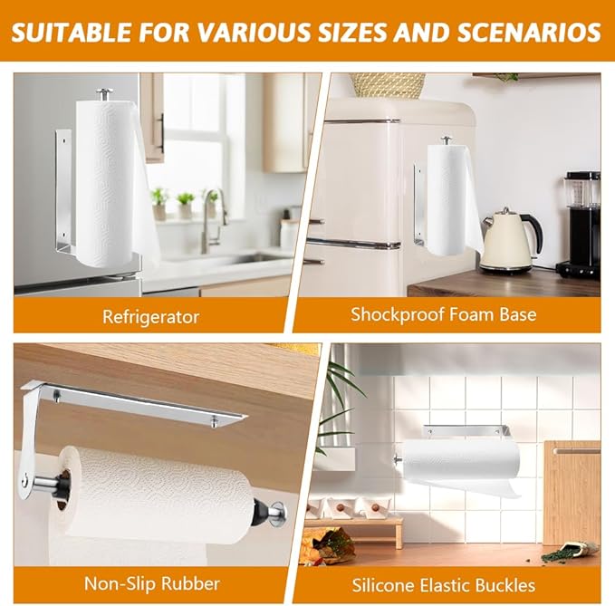 Magnetic Paper Towel Holder with Adjustable Damping - One Hand Tear, No Drill Adhesive Mount, Strong Magnet for Kitchen, Fridge, RV, Garage, Grill (Color:Silver)