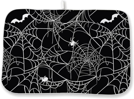 Halloween Dish Drying Mat 18 x 24 Inch Bat Spider Web Drying Mat for Kitchen Counter Absorbent Spiders Black Dishes Dry Pad for Drainer Rack Kitchen Fast Dry