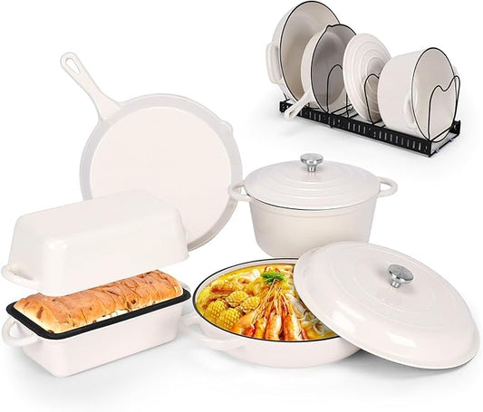 QuliMetal Enameled Cast Iron Cookware Set, 5-Piece – 2.3QT Dutch Oven, 4.7QT Braiser, 10" Skillet, 9x5" Oval Bread Pan & Rack – Versatile Oven-Safe Enamel Cast Iron Pots and Pans for Home Cooking