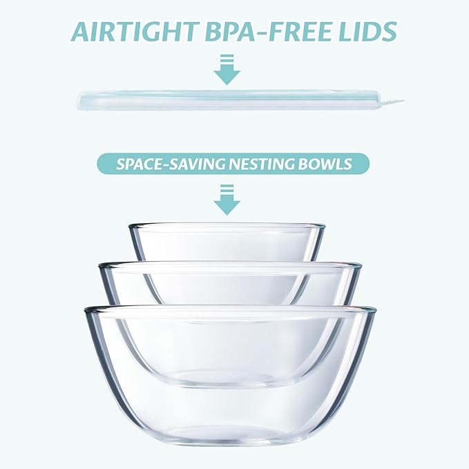 Luvan Glass Mixing Bowls with Lids Set(4.5QT, 2.7QT, 1.1QT)-Large Glass Mixing Bowls, Clear Salad Bowl for Baking, Cooking, Serving, Food Prep, 3PC Nesting Bowls for Kitchen Storage & Dishwasher Safe - Image 6