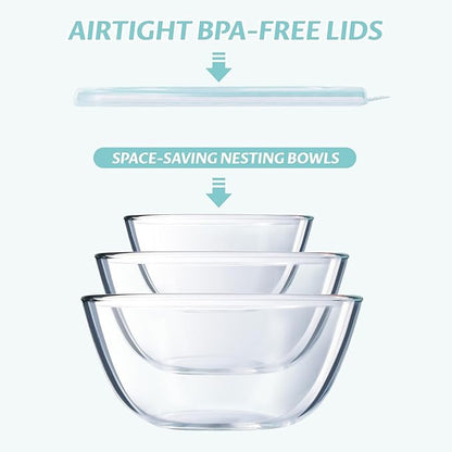 Luvan Glass Mixing Bowls with Lids Set(4.5QT, 2.7QT, 1.1QT)-Large Glass Mixing Bowls, Clear Salad Bowl for Baking, Cooking, Serving, Food Prep, 3PC Nesting Bowls for Kitchen Storage & Dishwasher Safe - Image 6