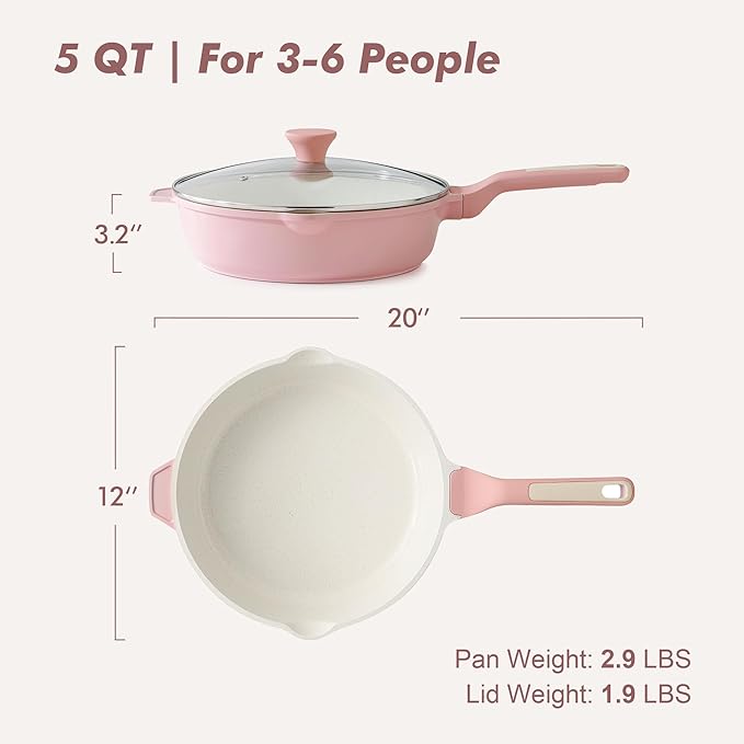 SENSARTE Nonstick Skillet with Lid 12-inch, 5QT Ceramic Deep Frying Pan, Non Toxic Saute Pan with Lid, Healthy Dishwasher Safe Cooking Pot, Induction Pan with Stay-cool Handle, Pink - Image 6