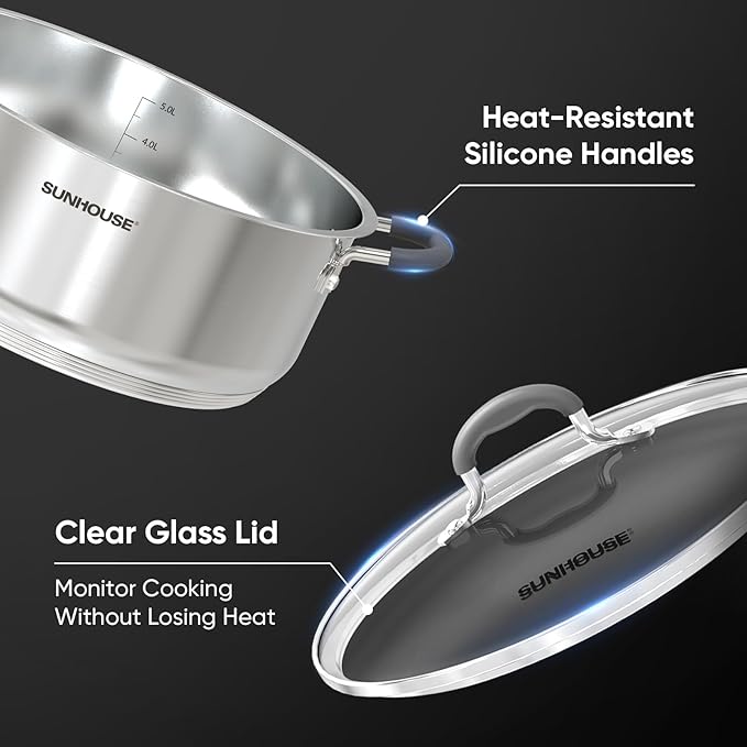 SUNHOUSE - 5.5 Quart Steamer Pots With Lid 2-Tier Multipurpose Stainless Steel Steaming Pot Cookware With Handle For Vegetable, Dumpling, Sauce, Food - Triple Bottom, Measurement Line - Image 3