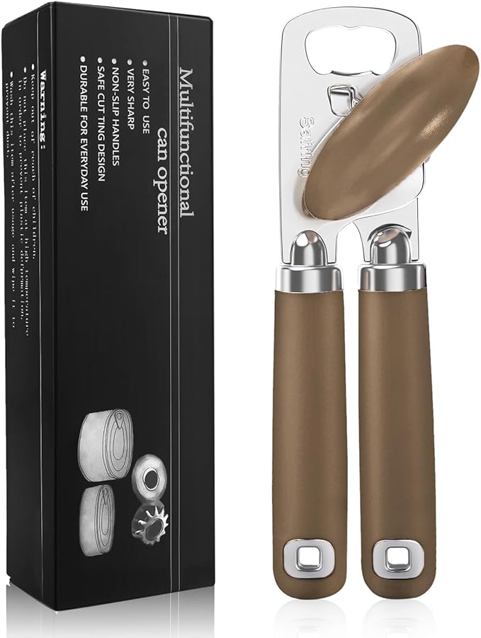 Safring Can Opener Manual, Heavy Duty Stainless Steel Smooth Edge Can Opener With Soft Touch Handle, Oversized Handheld Easy Turn Knob, Multi-Function Bottle Opener, Coffee